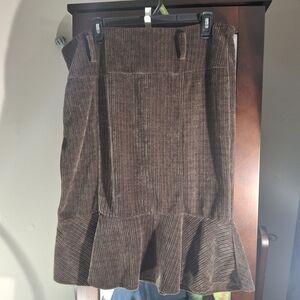 Midi Corduroy Ruffle-Hem Skirt in Brown